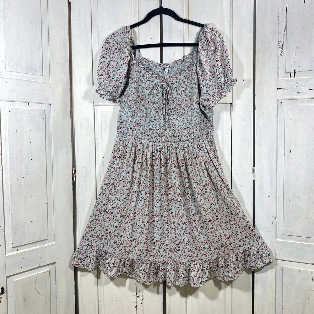 AUW Floral Babydoll Mini Dress Puff Sleeve Pastel Cottagecore Boho Smocked 1X - Picture 2 of 9